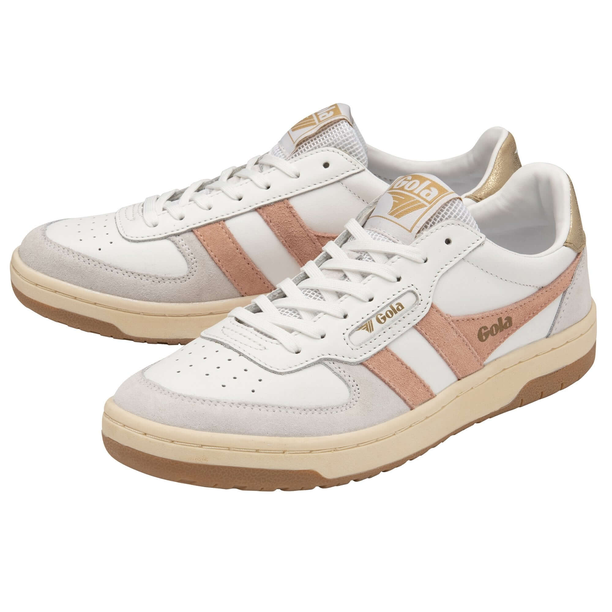Pair of Gola trainers in white with pink stripes and gold accents on a white background