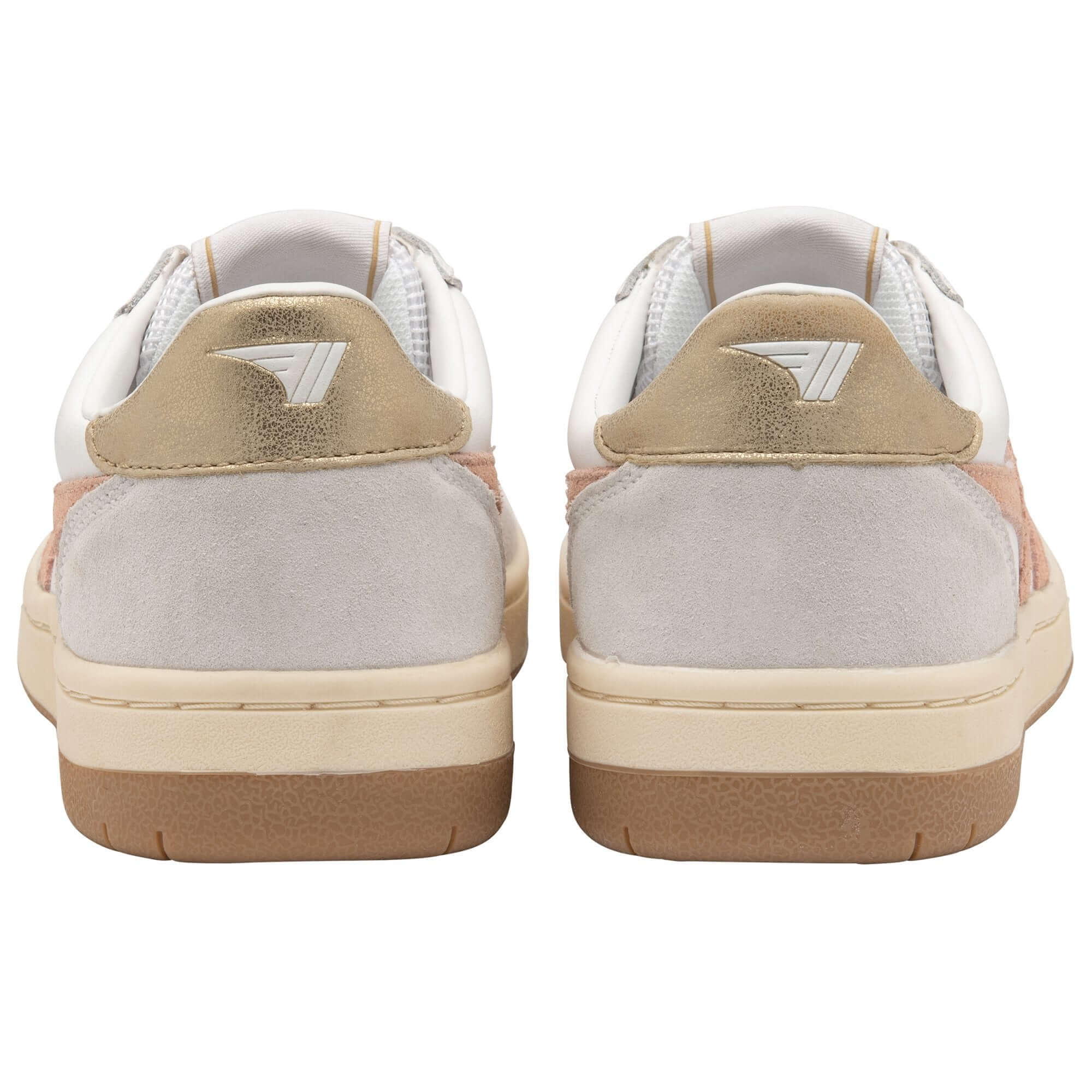 Pair of white and gold trainers, rear view on a white background
