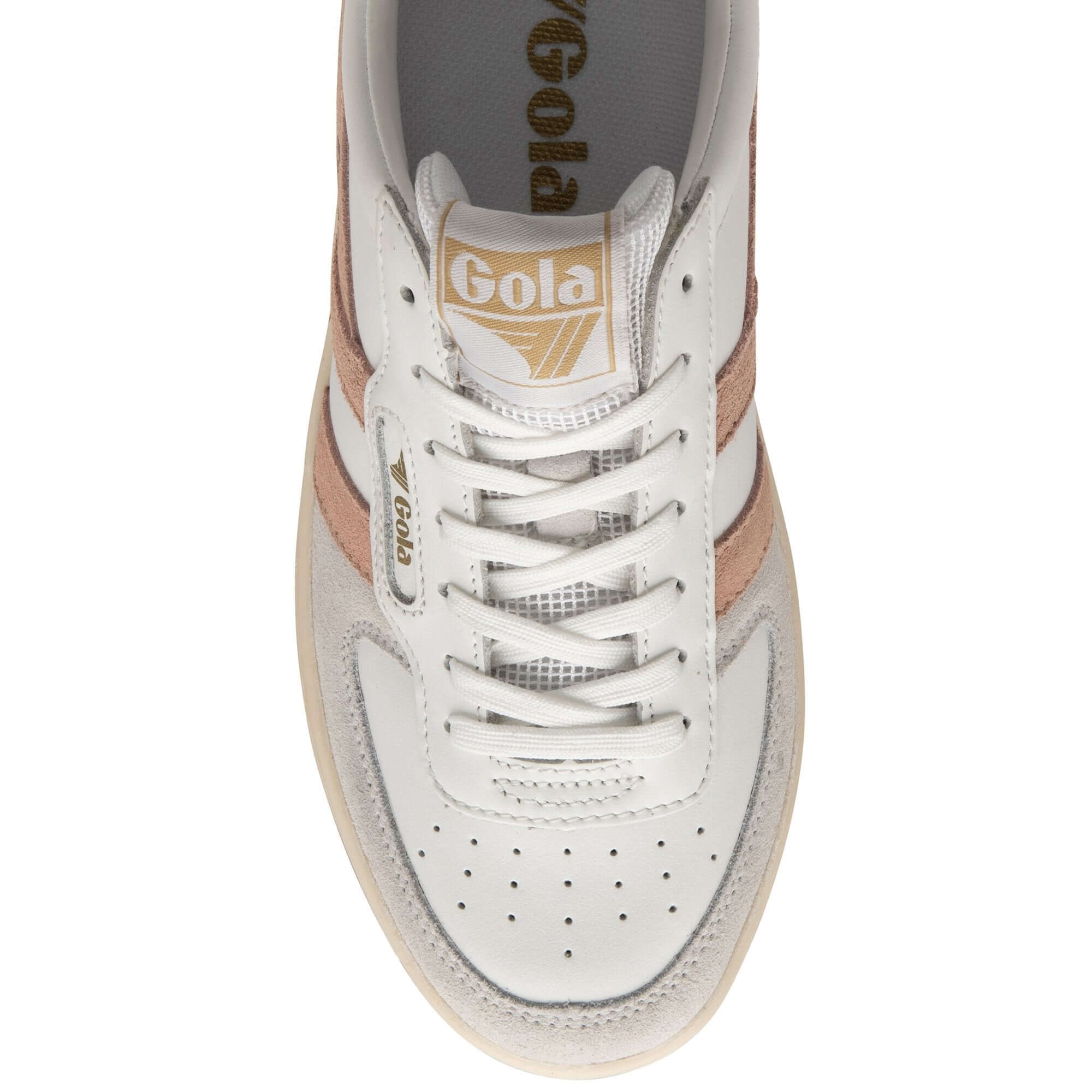 White and rose gold Gola trainer with white laces on a white background