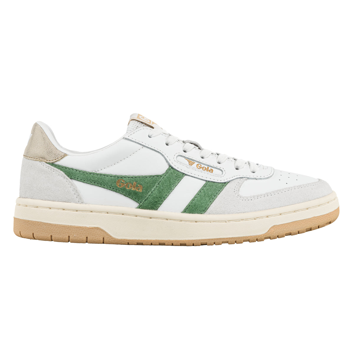 White leather Gola trainer with green suede side stripes and a gum rubber sole