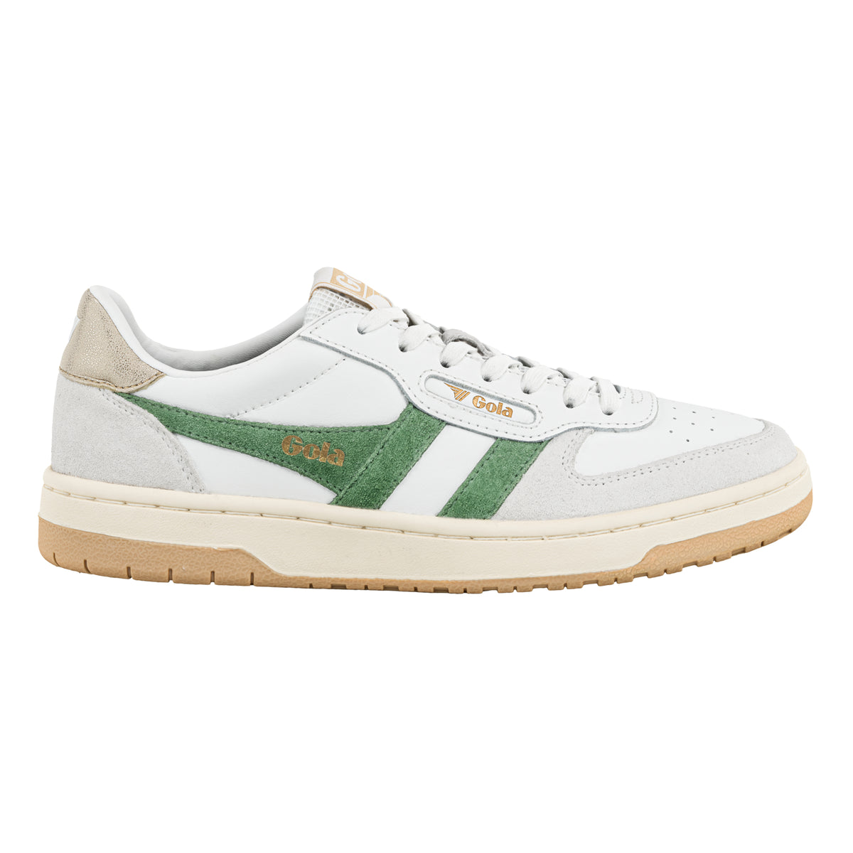 Gola Classics white leather trainer with green suede side stripes and gum sole