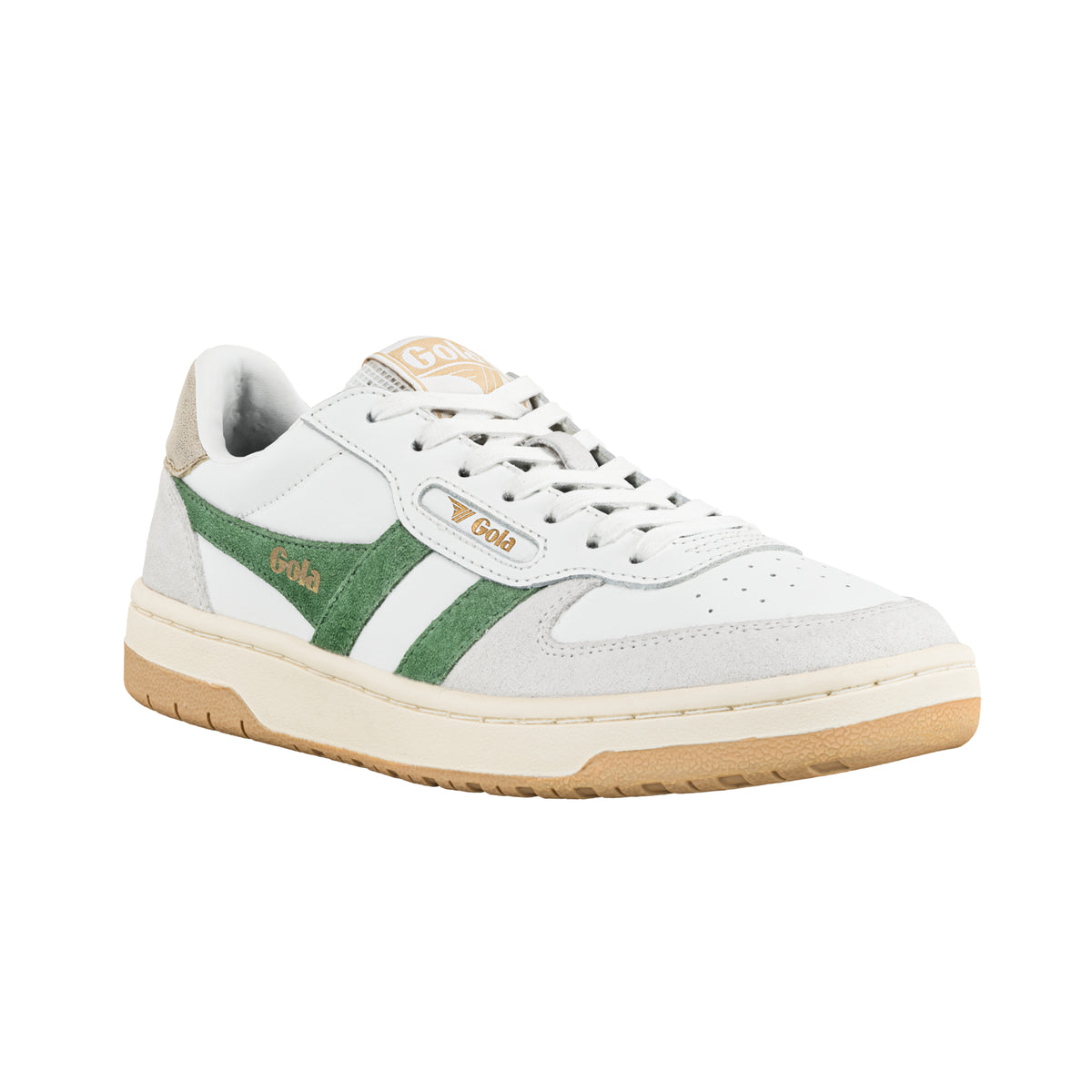 White Gola trainer with green suede side stripes and gum sole