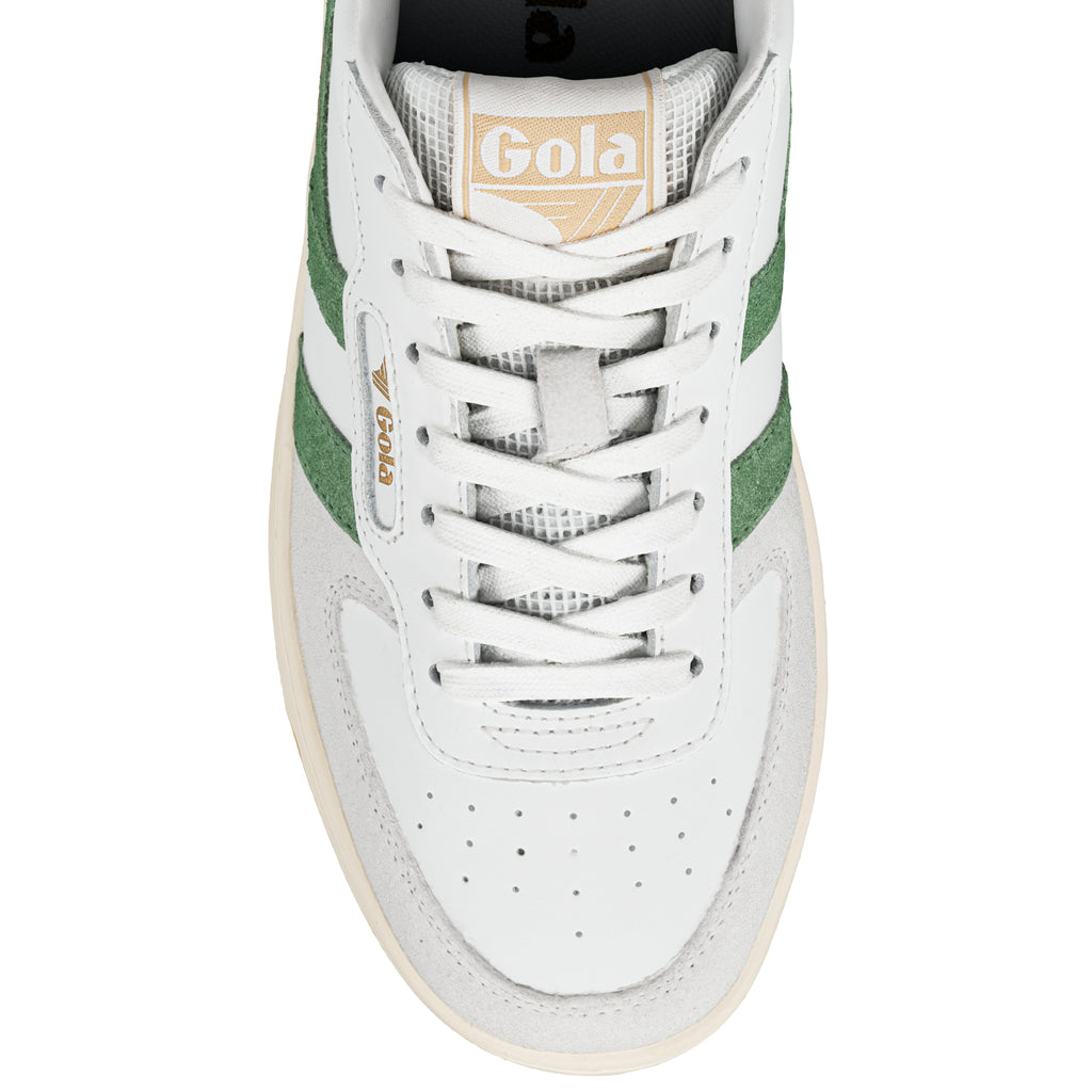 White and green Gola trainer with lace up fastening and perforated toe detail