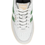 White and green Gola trainer with lace up fastening and perforated toe detail