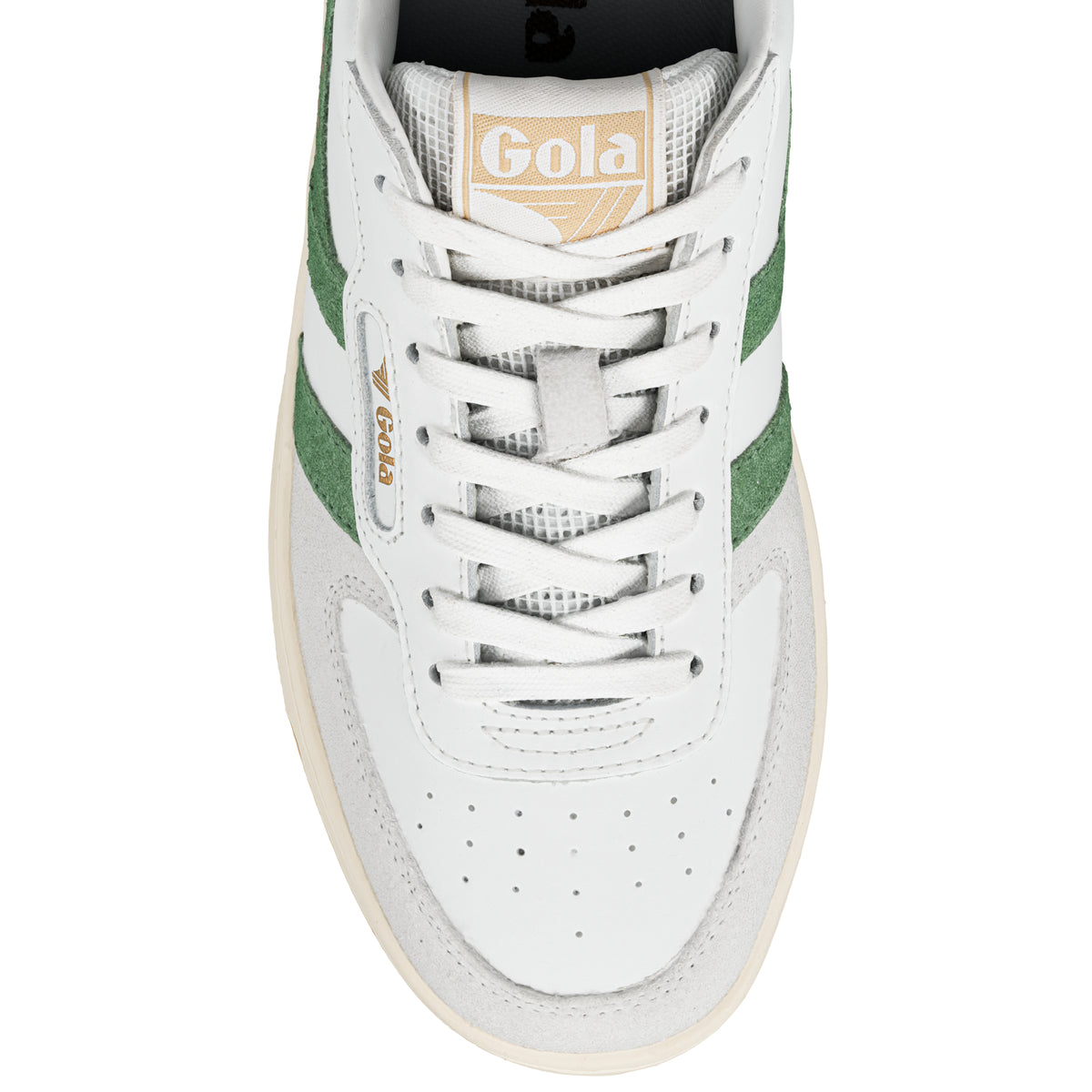 White and green Gola trainer with lace up fastening and perforated toe detail