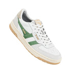 White Gola trainer with green suede side stripes and gum sole