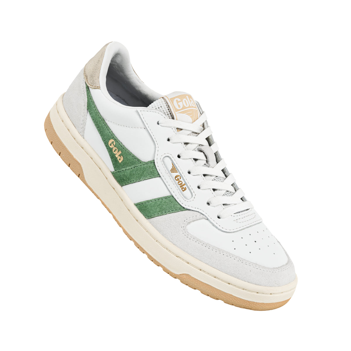 White Gola trainer with green suede side stripes and gum sole