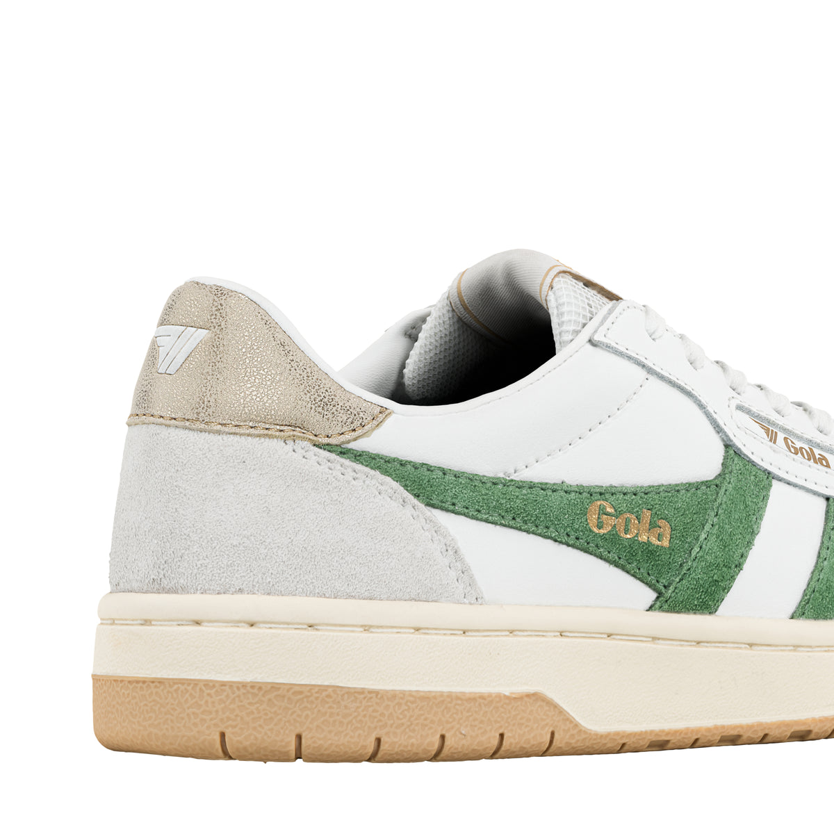 Close up of white Gola trainer with green suede side panel and gold metallic heel tab