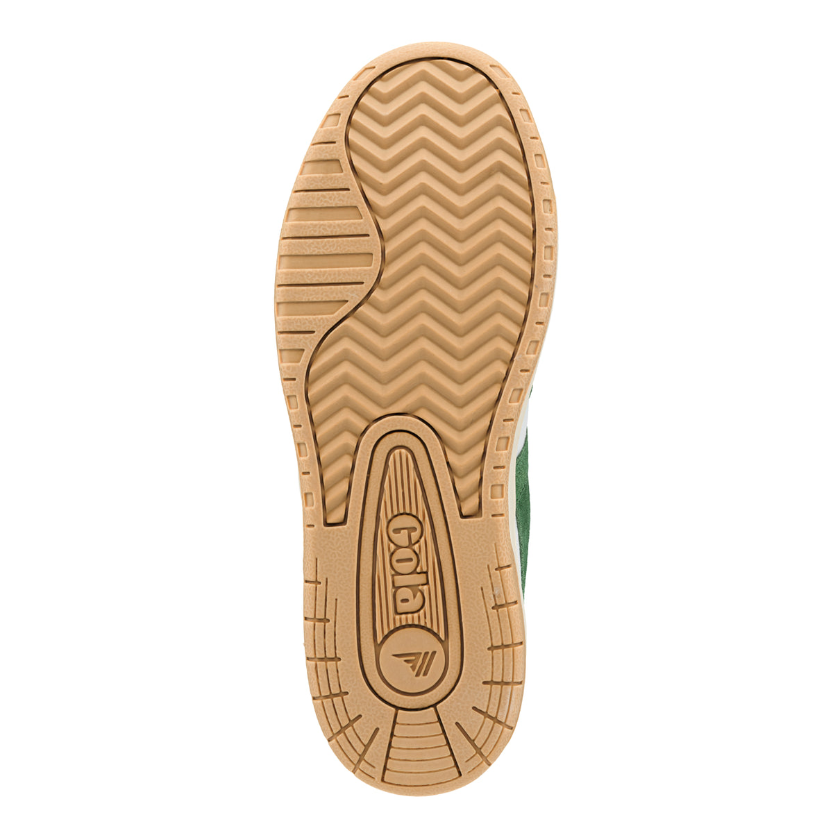 Tan rubber trainer sole with chevron tread pattern and Gola branding