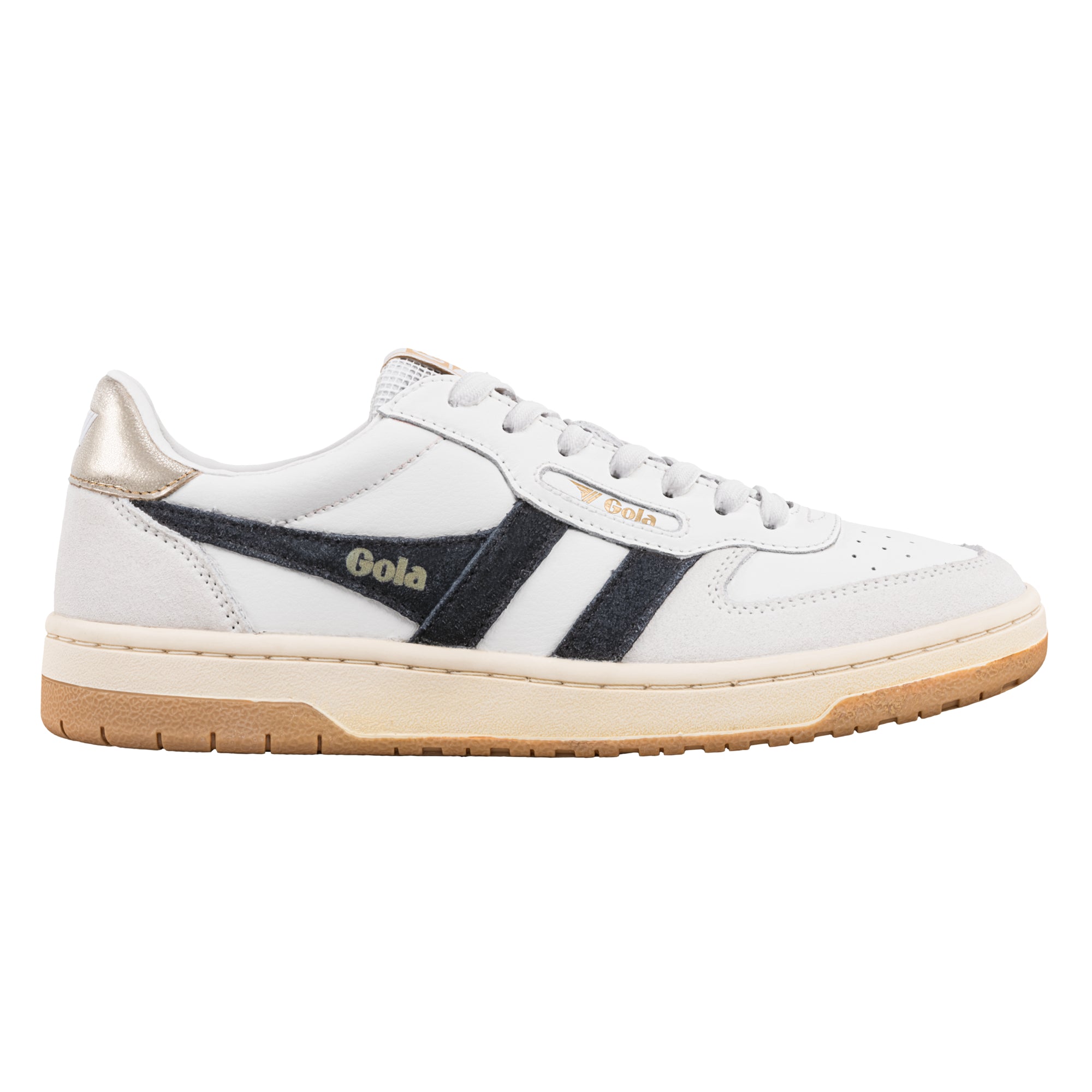 White Gola trainer with black side stripes and a gum sole