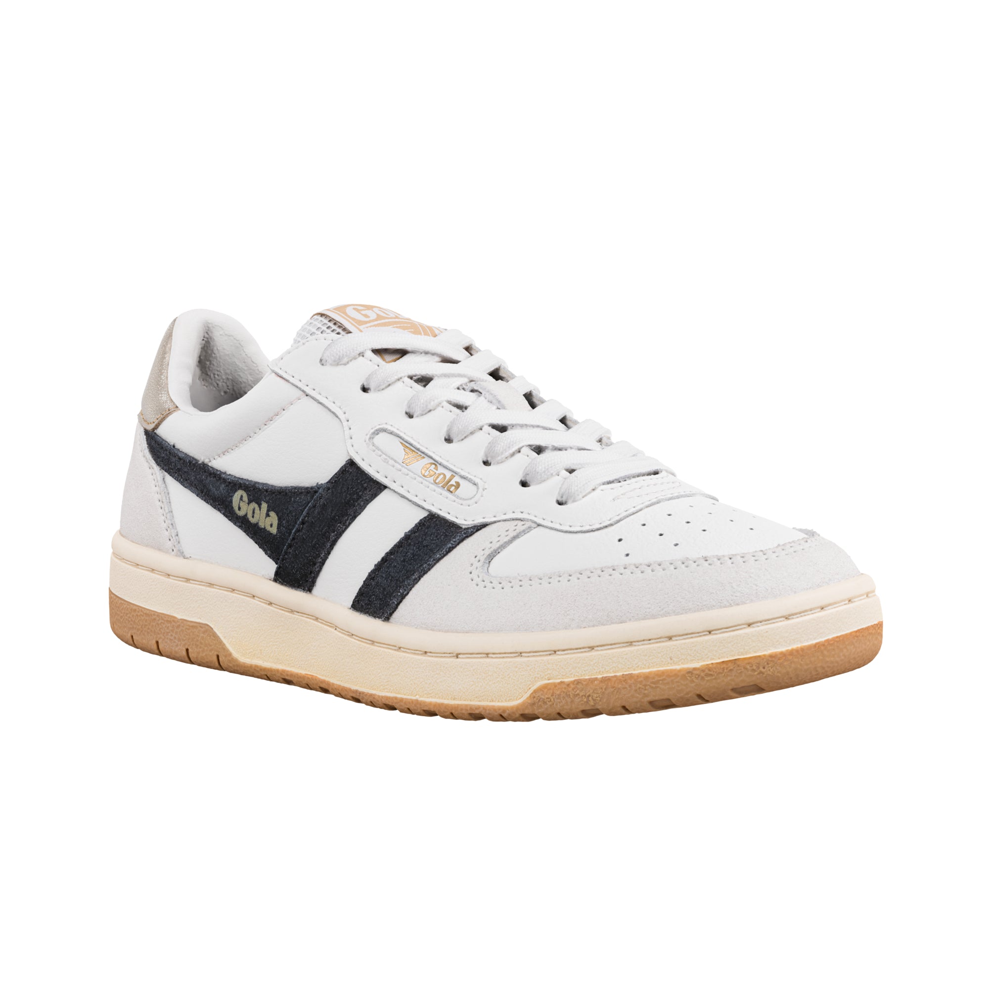 White Gola trainer with black side stripes and a gum rubber sole