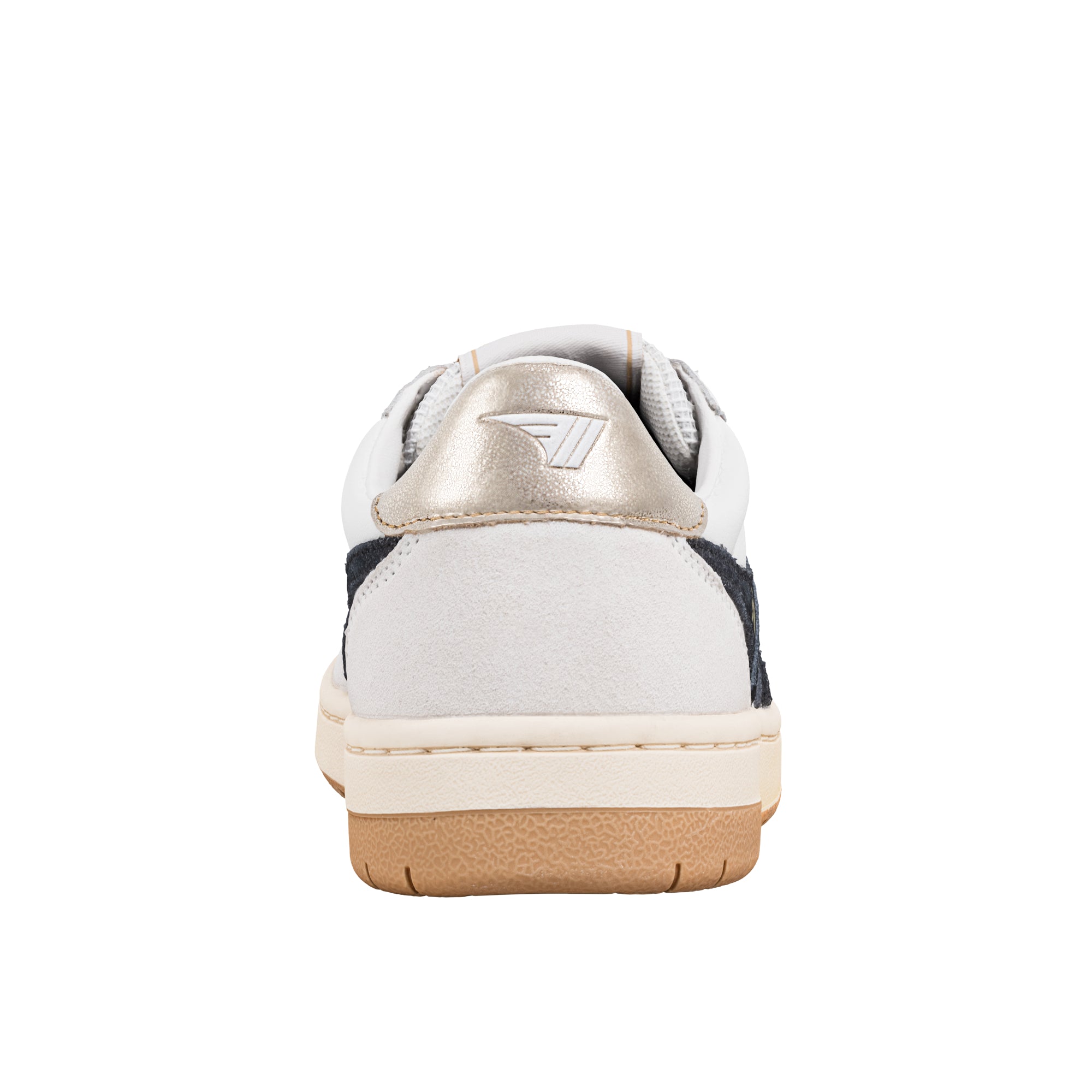 Rear view of a white and navy trainer with a metallic heel tab and gum rubber sole