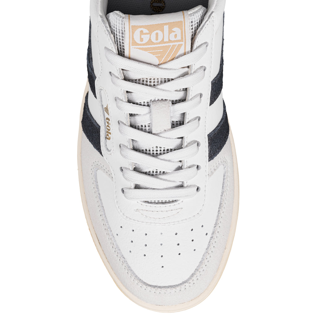 Top view of a white Gola trainer with navy suede side stripes and lace up fastening