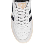 Top view of a white Gola trainer with navy suede side stripes and lace up fastening