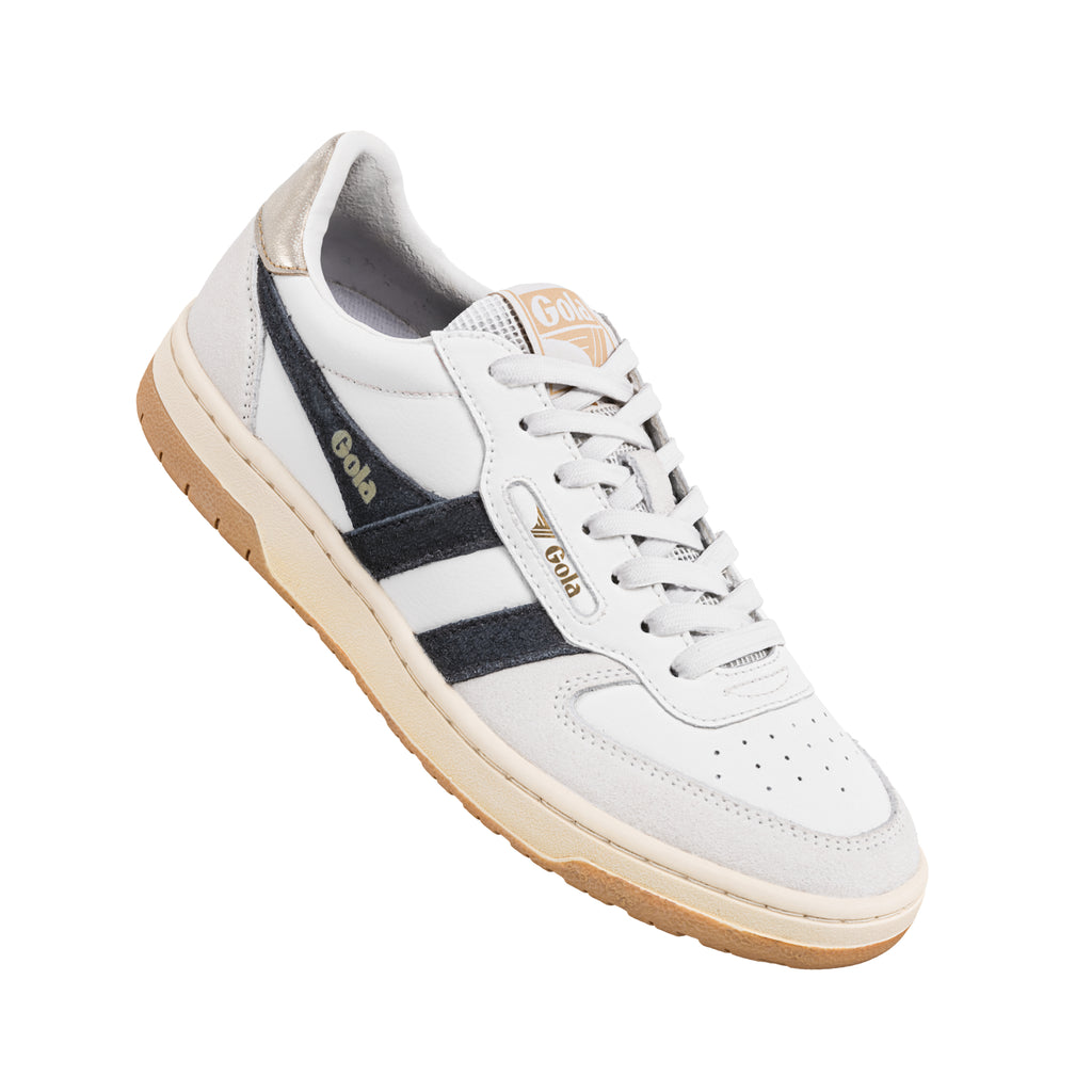 White Gola trainer with navy side stripes and a gum sole