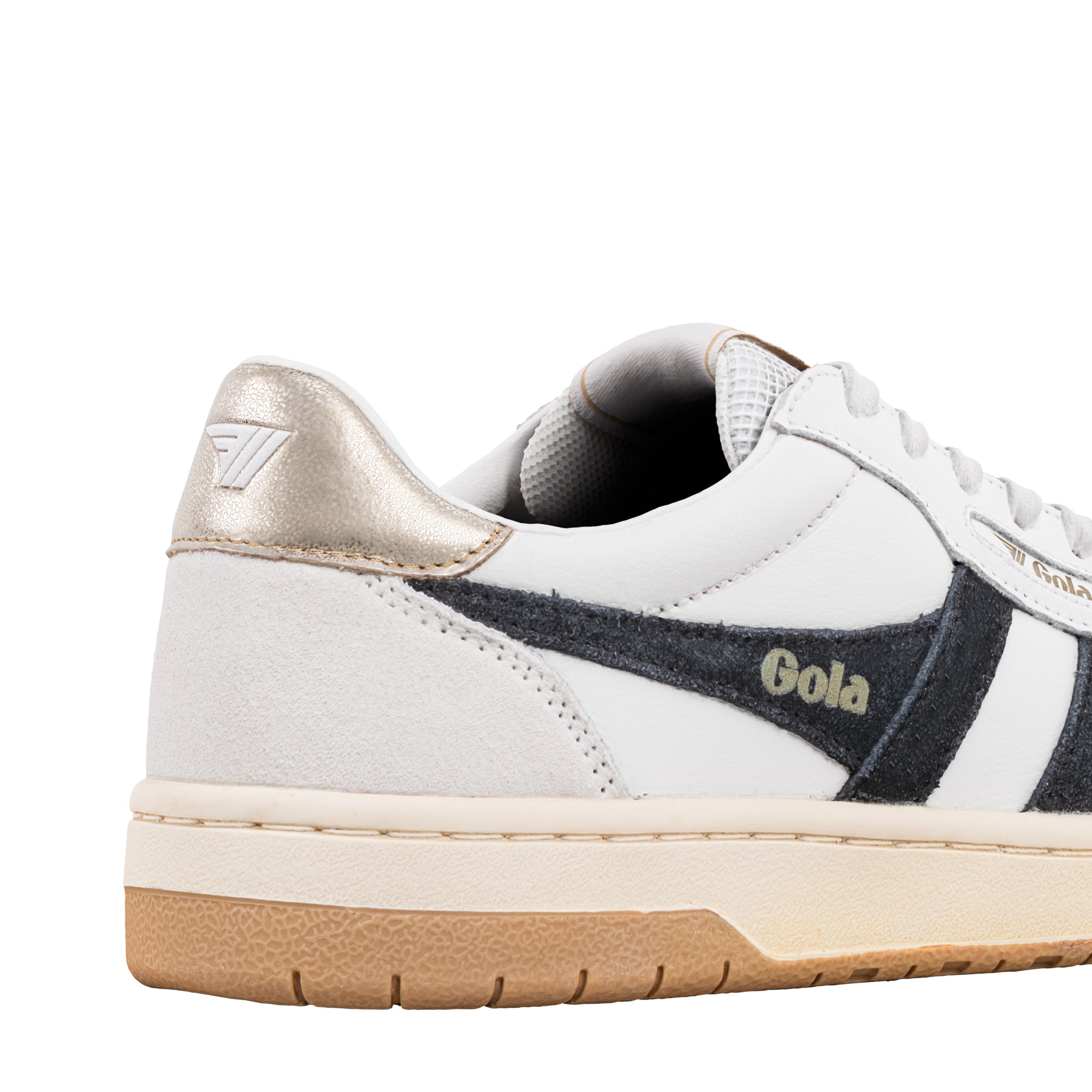 Close up of white Gola trainer with metallic heel tab and dark grey suede side panel