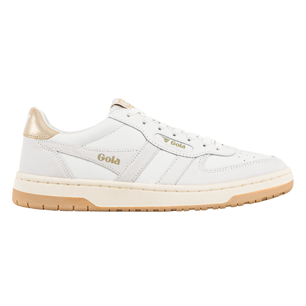 White Gola trainer with gold heel tab and gum sole