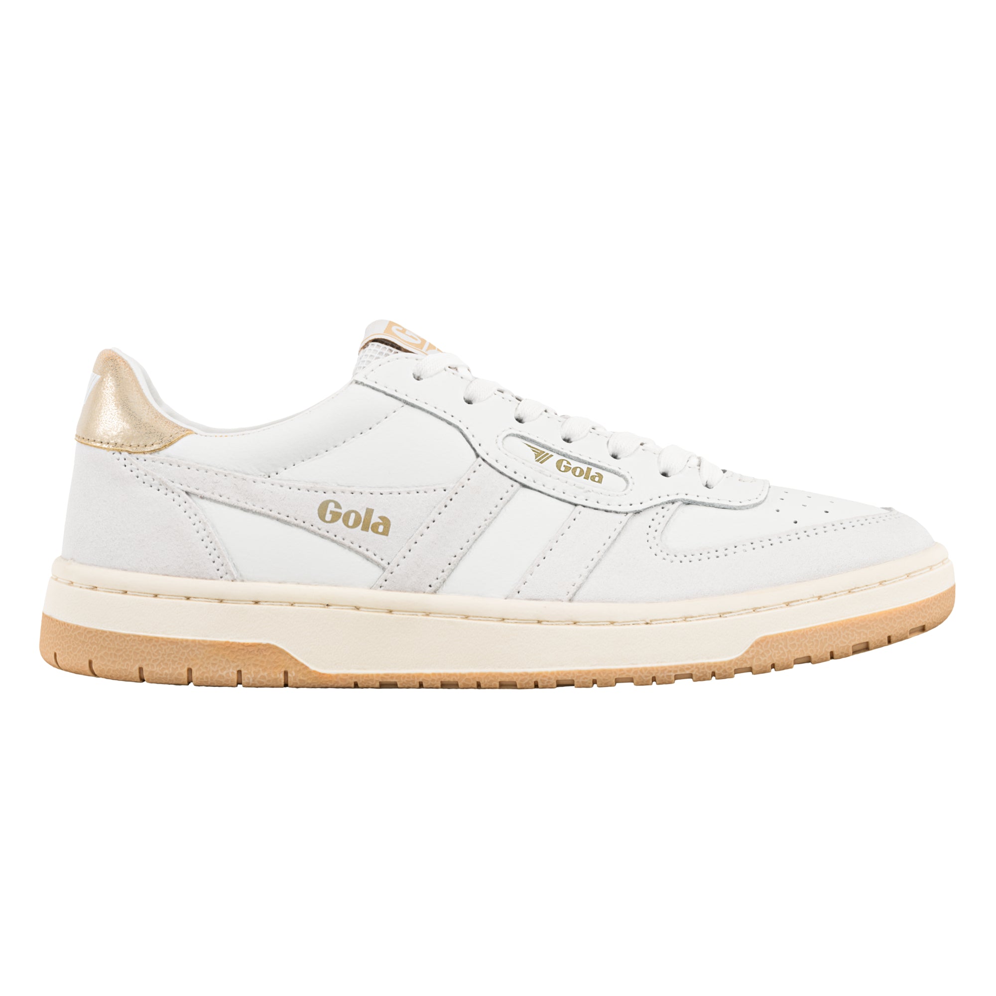 White Gola trainer with gold heel tab and gum sole