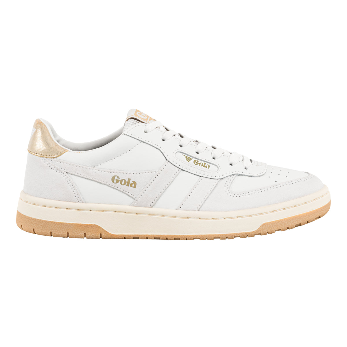 Gola Classics white leather trainer with gold metallic heel tab and gum sole