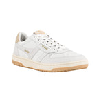 White Gola trainer with beige suede detailing and a gum rubber sole