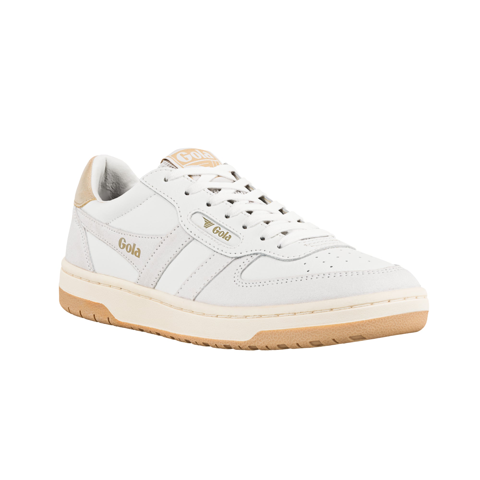 White Gola trainer with beige suede detailing and a gum rubber sole