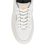Top view of a white Gola trainer with lace up fastening and perforated toe detail
