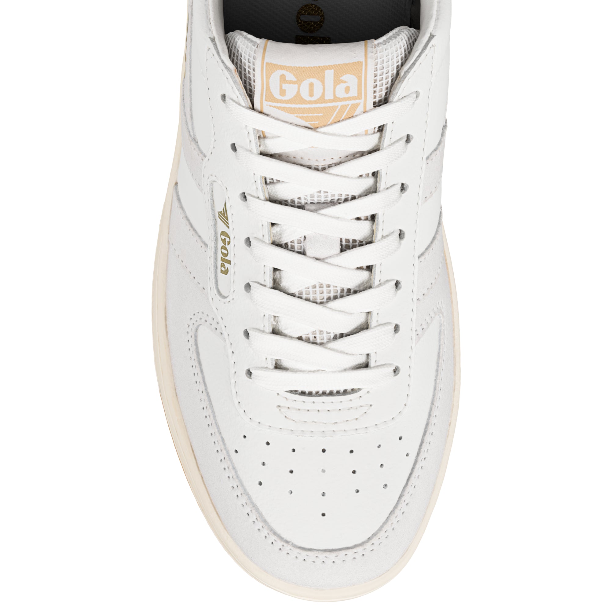Top view of a white Gola trainer with lace up fastening and perforated toe detail