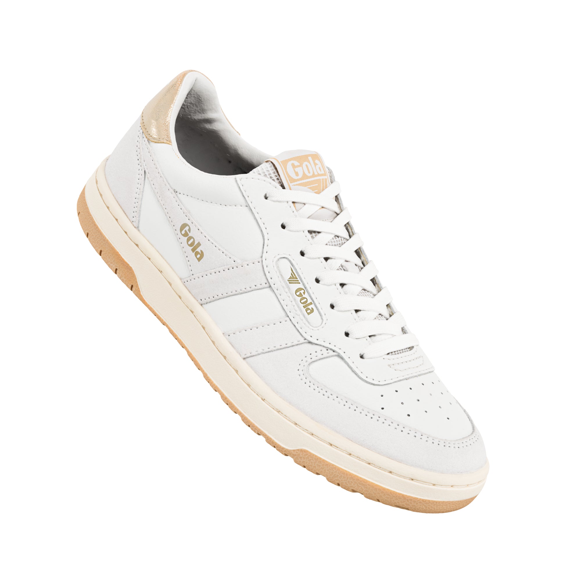 White Gola trainer with gold accents and a gum sole