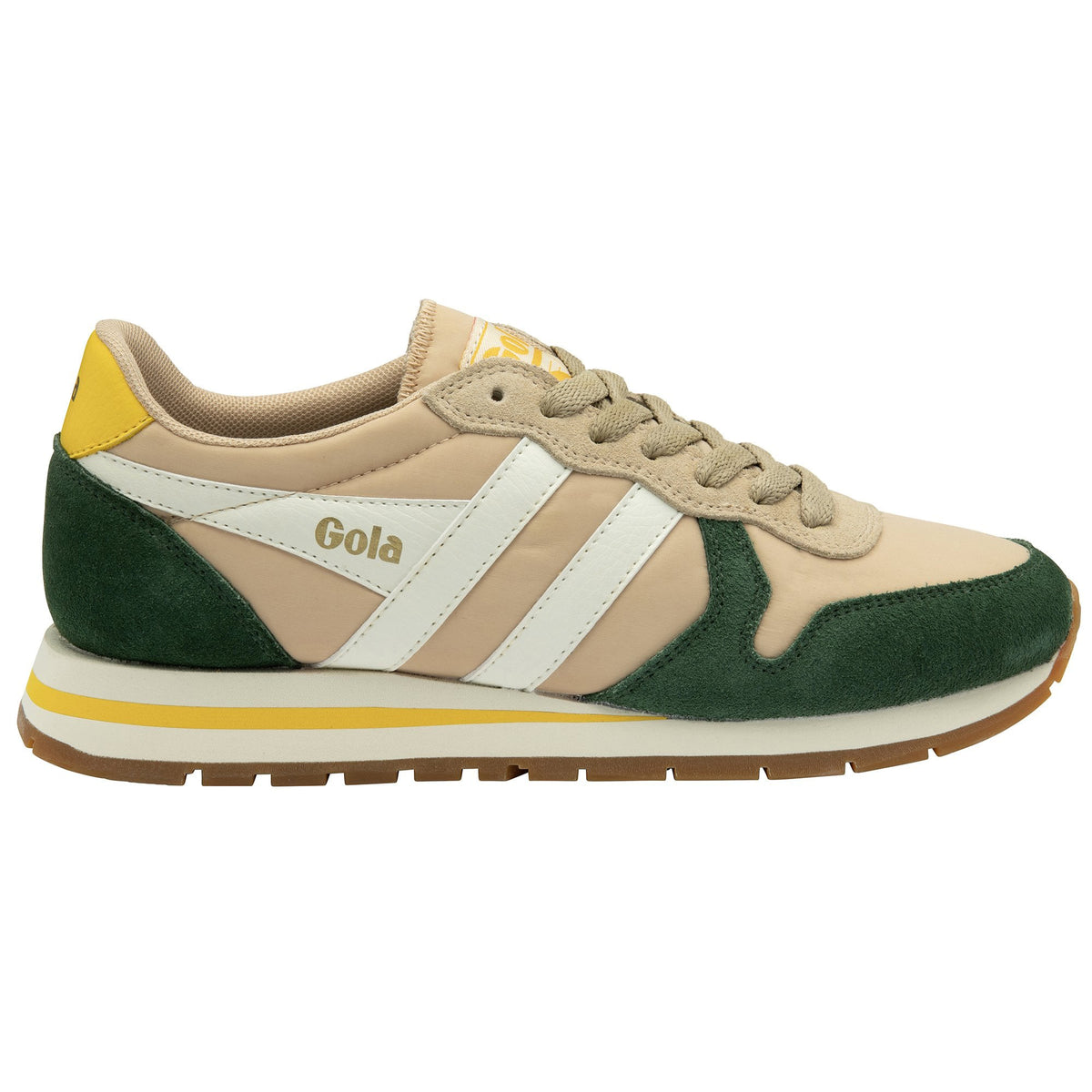 Gola Classics beige trainer with green suede overlays and white side stripes