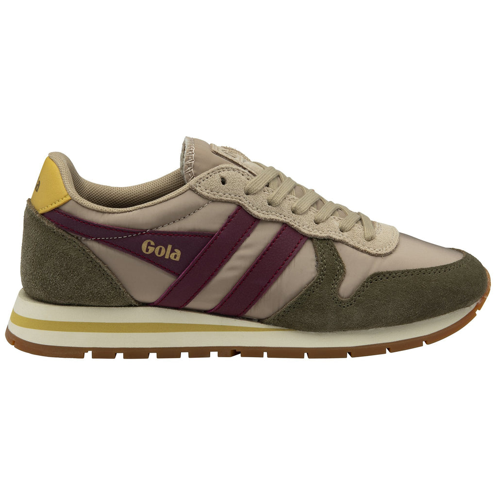 Gola Classics trainer in beige and olive green with burgundy side stripes