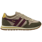Gola Classics trainer in beige and olive green with burgundy side stripes