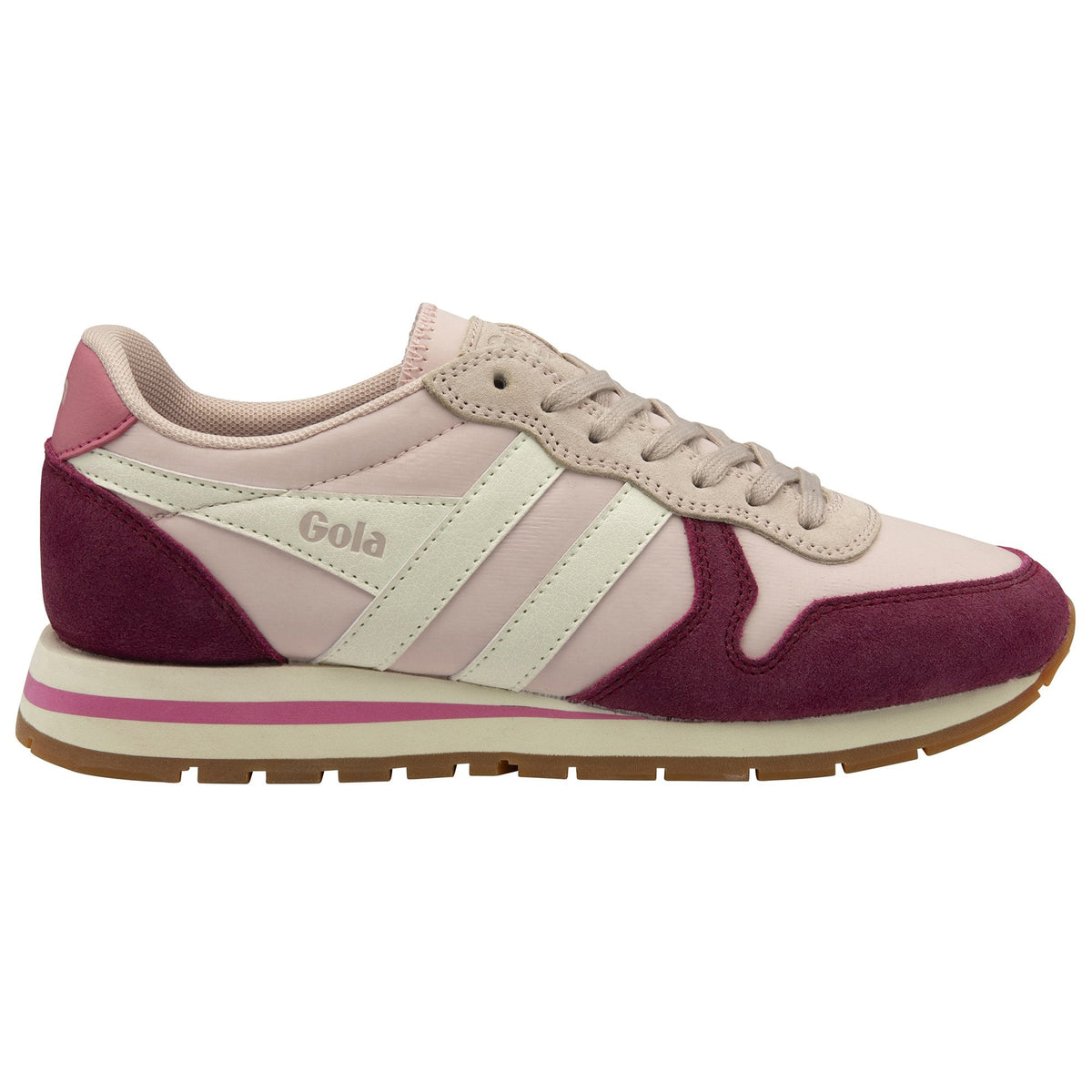 Gola Classics pink and burgundy suede and nylon trainer with white side stripes and gum sole