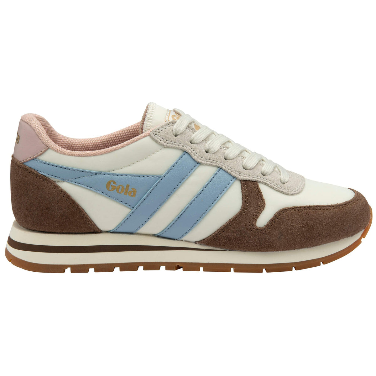 Gola Classics off white trainer with blue stripes and brown suede detailing