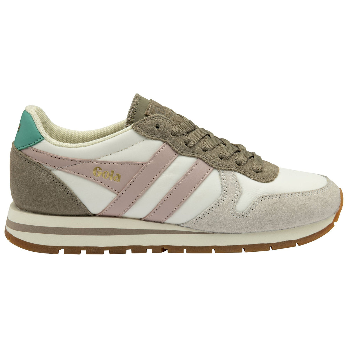Gola Classics trainer in white with pink side stripes and grey suede detailing on a gum rubber sole