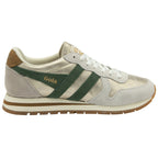Beige trainer with green stripes and 'Gola' branding on a white background