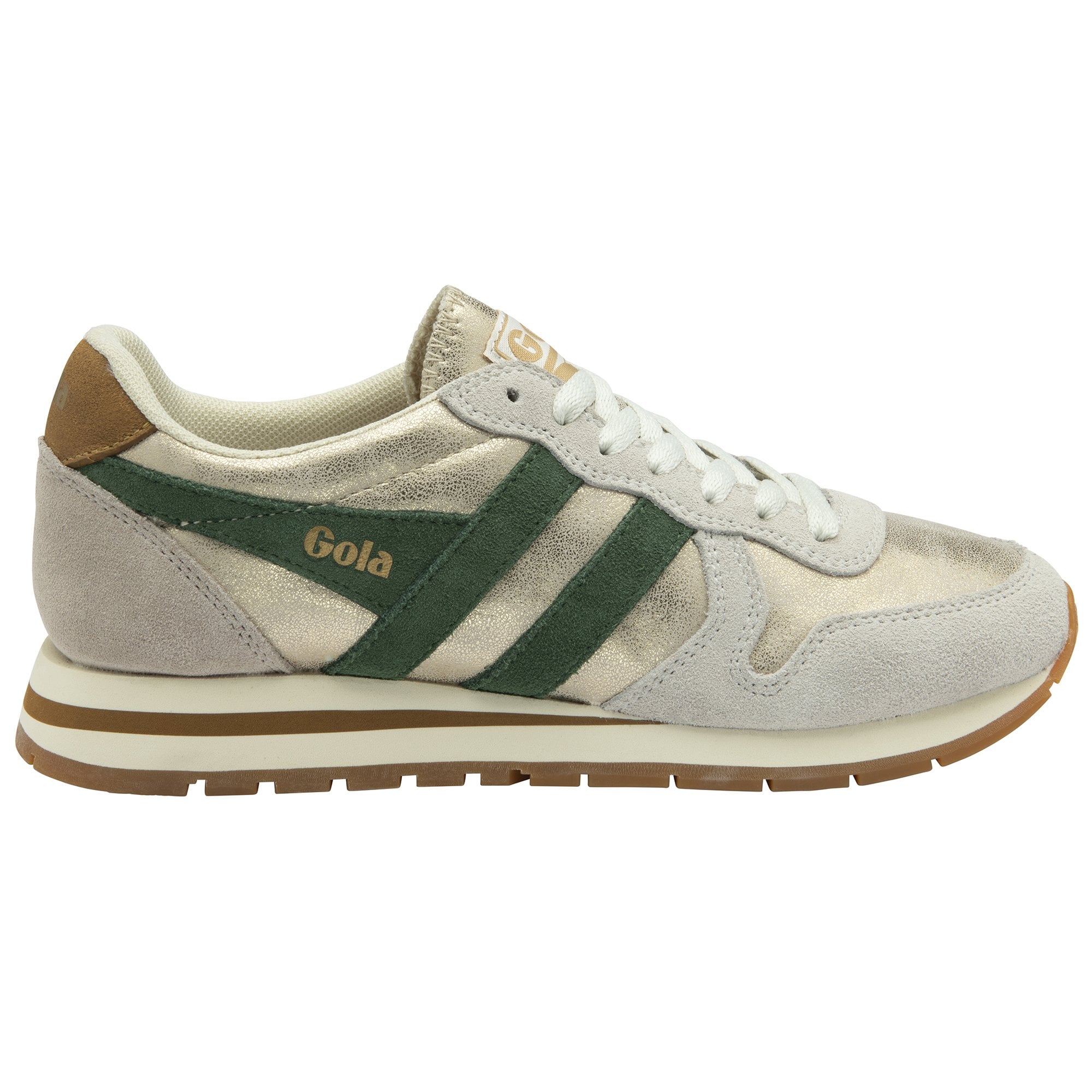 Beige trainer with green stripes and 'Gola' branding on a white background