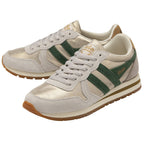 Pair of Gola sneakers in gold and cream with green stripes and brown soles