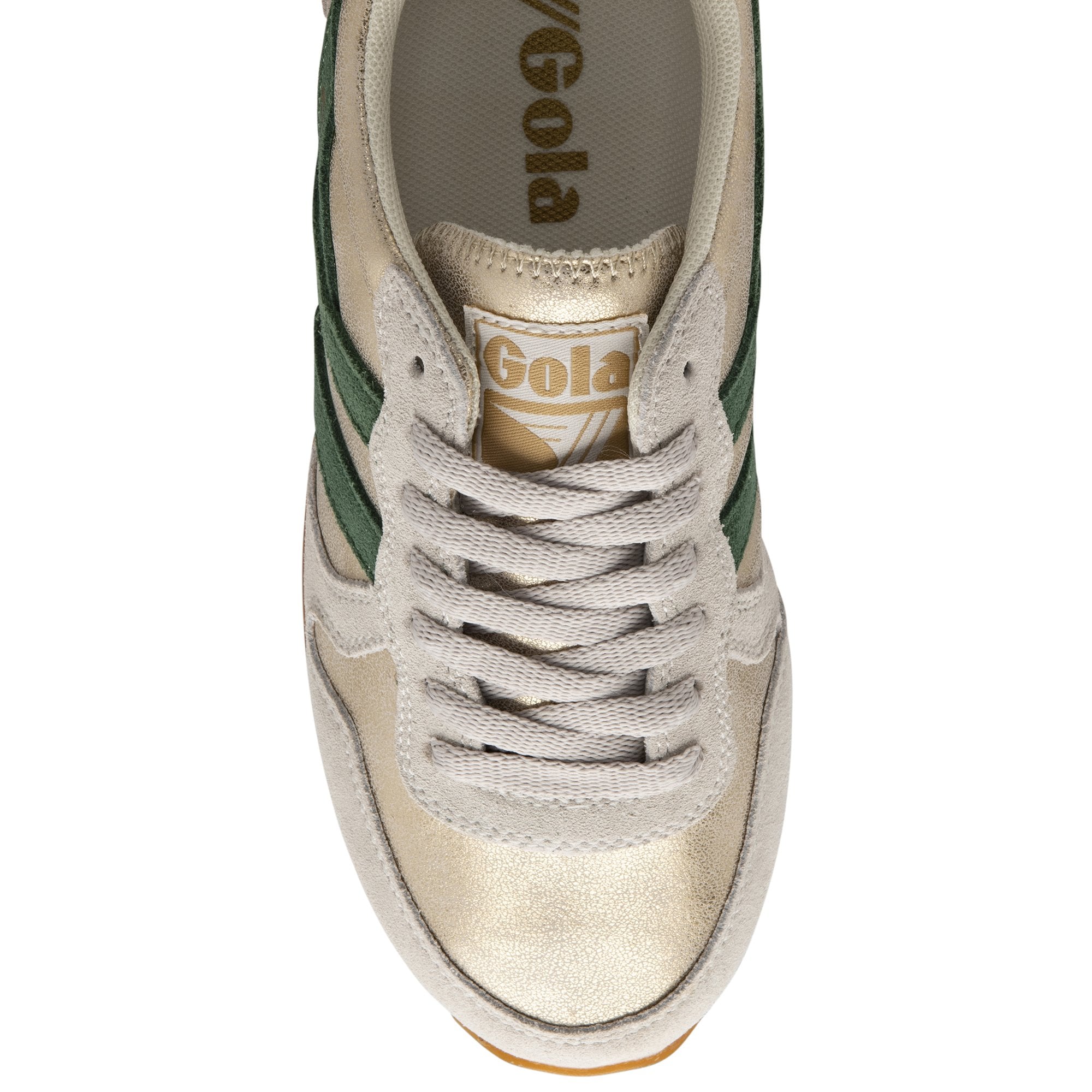 Top-down view of a gold and green Gola sneaker with white laces