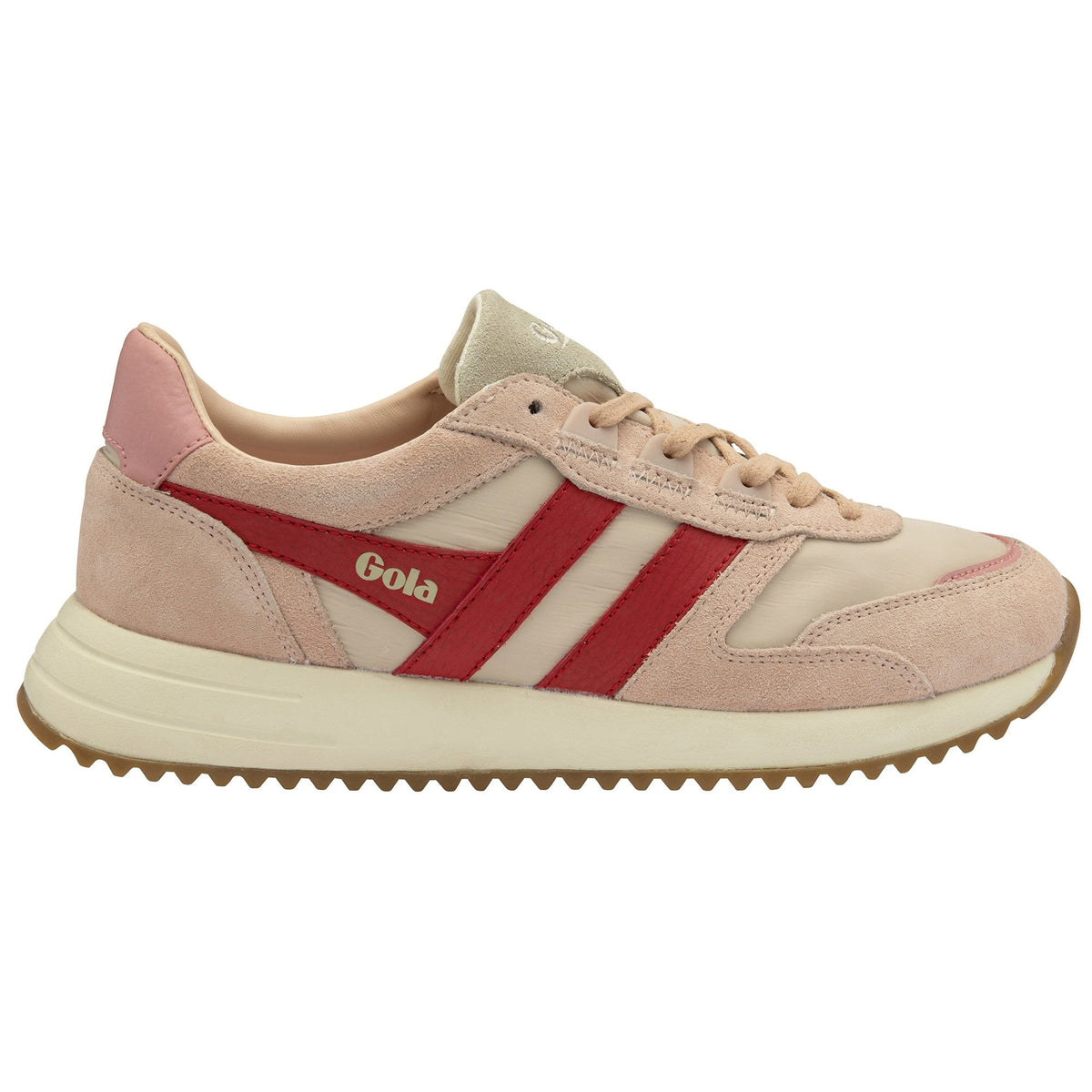 Gola Classics pink and beige suede trainer with red side stripes and a gum sole