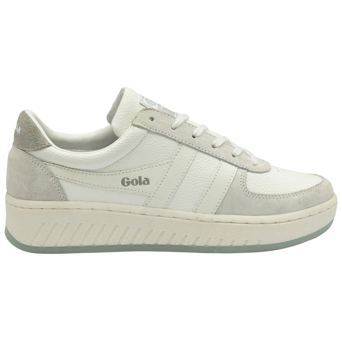 Gola Classics white leather trainer with grey suede panels and a chunky sole