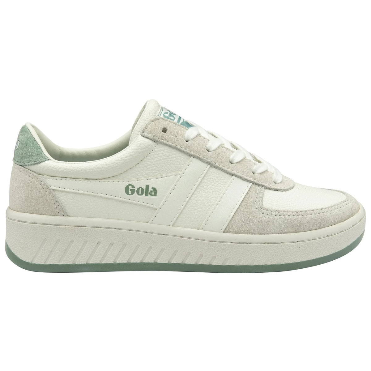 Gola Classics white leather trainer with sage green suede accents and a chunky sole