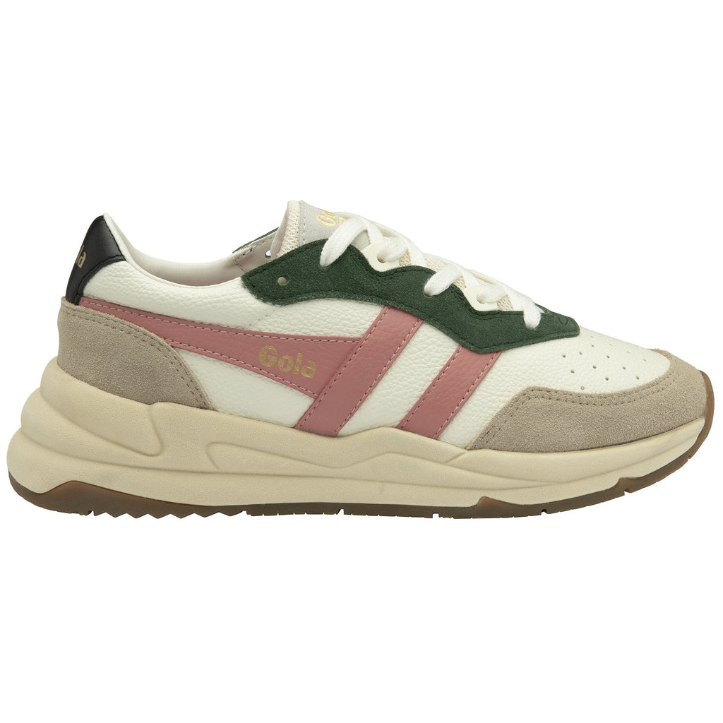 Gola Classics trainer in off-white with pink and green suede detailing and a chunky gum sole