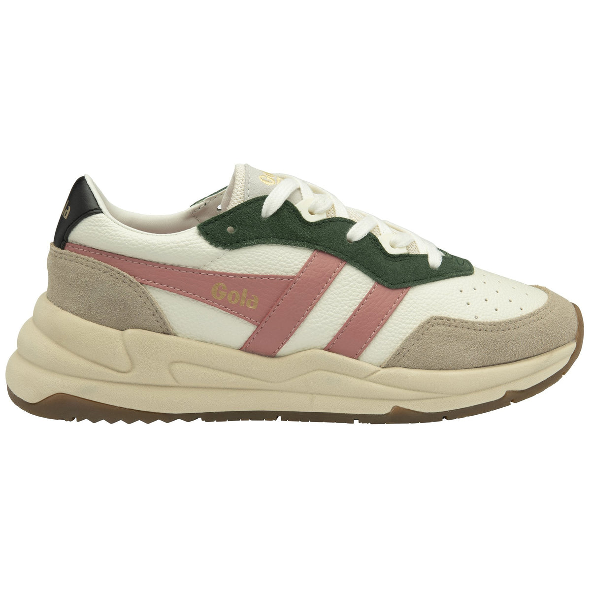 Gola Classics trainer in off-white with pink and green suede detailing and a chunky gum sole