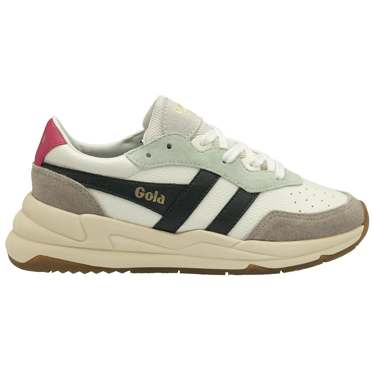 Gola Classics trainer in white with black side stripes and grey suede detailing