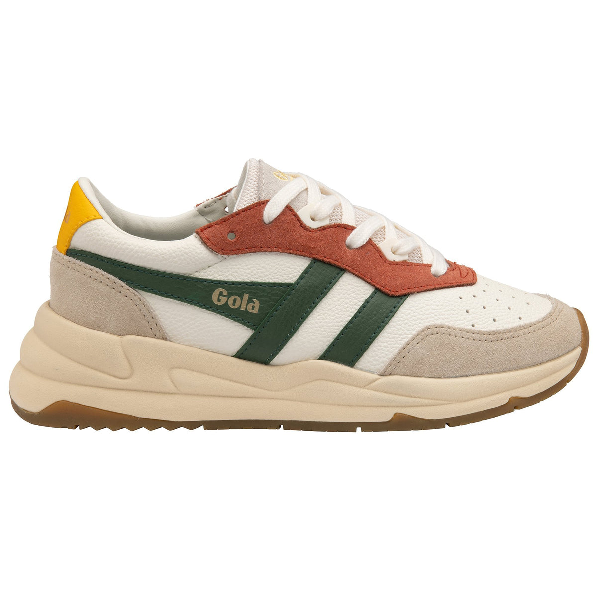 Gola Classics trainer in white with green and rust accents and a beige sole