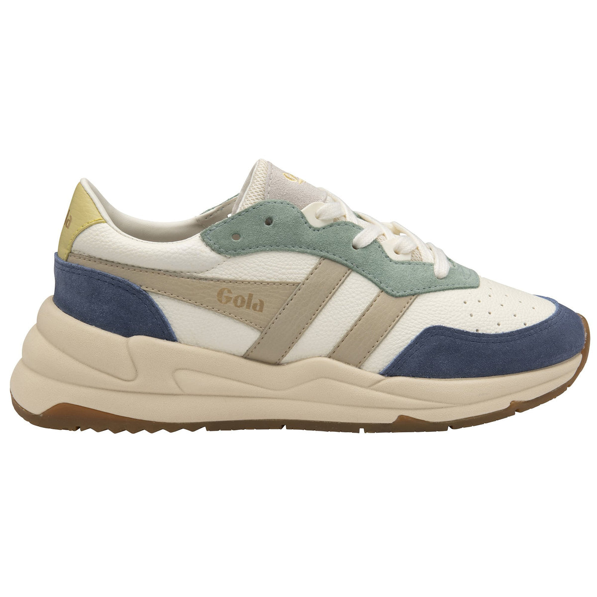 Gola Classics trainer in white with blue and green suede overlays and a chunky beige sole
