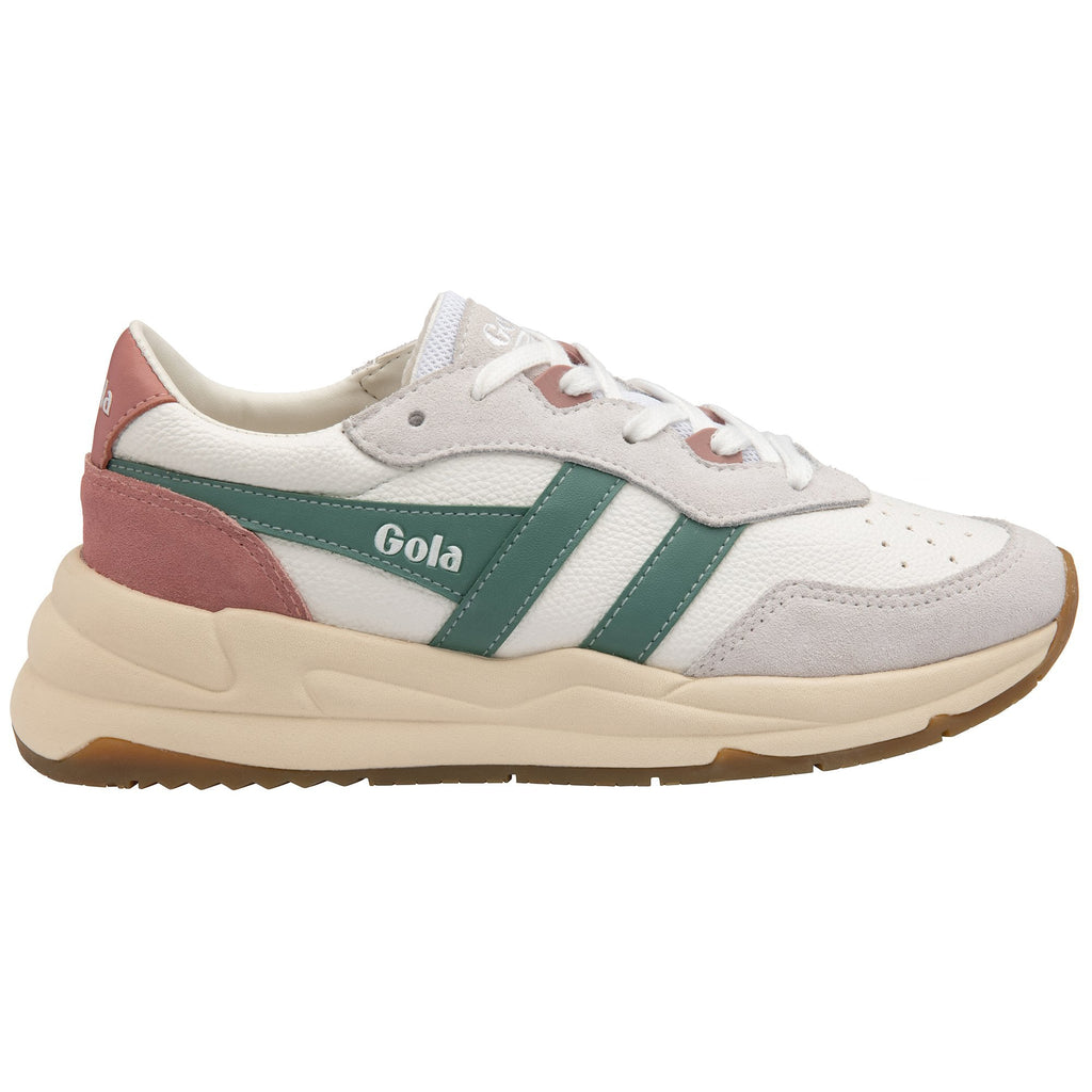 Gola Classics white trainer with green and pink suede detailing and a cream midsole