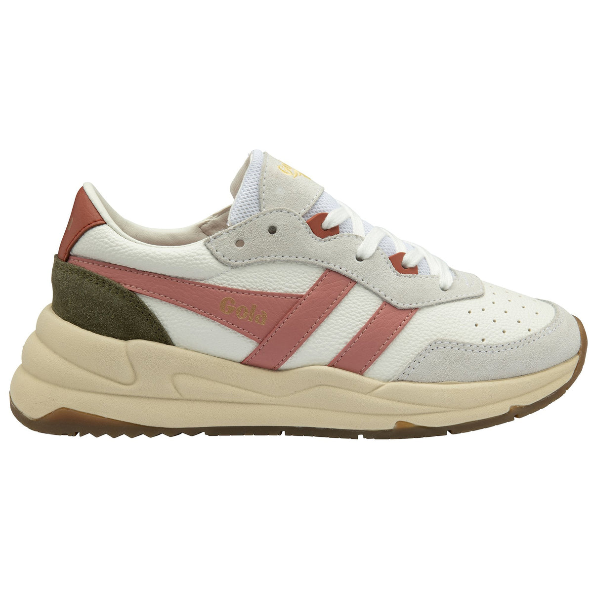 Gola Classics white trainer with pink stripes and olive green heel panel