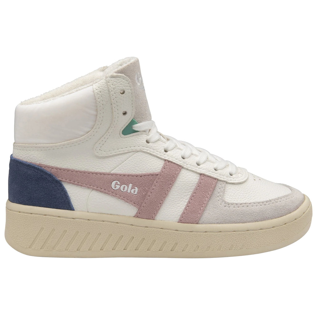 Gola Classics white high top trainer with pink and blue suede detailing and a cream rubber sole