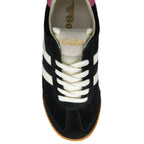 Black trainer with white stripes and 'Gola' branding on a white background